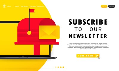 Subscribe to our newsletter banner. Sign up form with envelope, email sign. Vector on isolated white background. EPS 10
