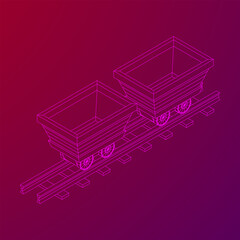Trolley mine on rails. Wireframe low poly mesh vector illustration.