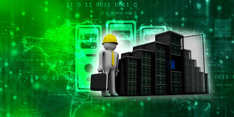 3d illustration Data center server around technician
