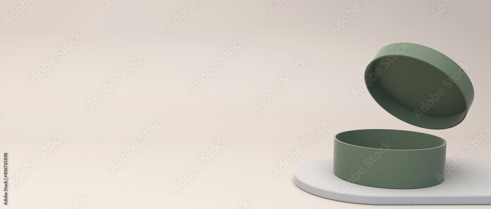 Poster Green empty cylindrical box on a thin cream podium for products Ideas and creativity copy space. 3d rendering