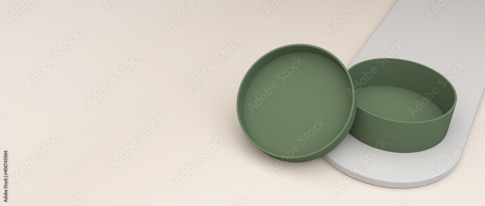 Poster green empty cylindrical box on a thin cream podium for products ideas and creativity copy space. 3d 