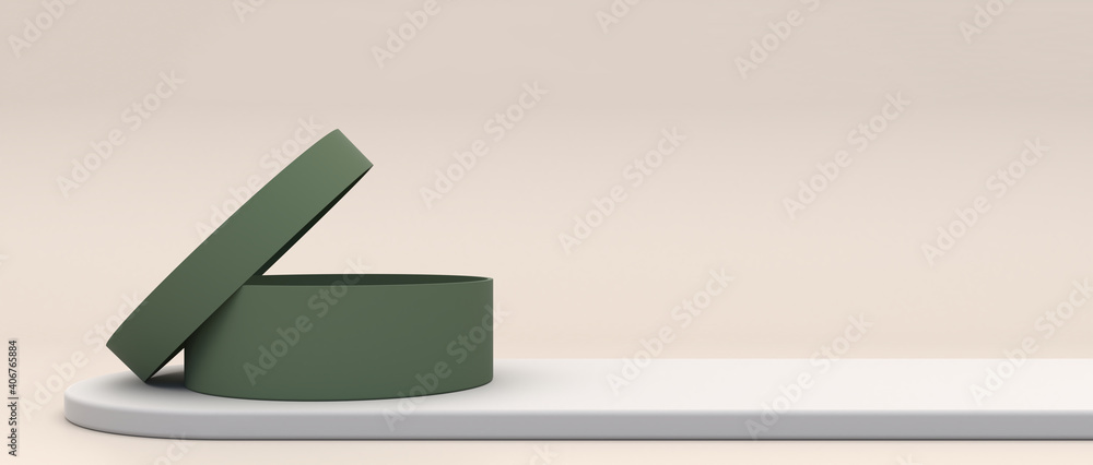 Poster green empty cylindrical box on a thin cream podium for products ideas and creativity copy space. 3d 
