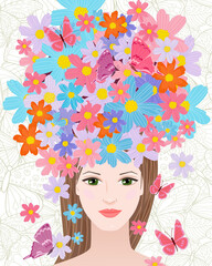 portrait of fashion girl with floral hairstyle with flying butte