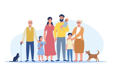 Multigenerational family concept. Big happy family standing together. Grandma, grandpa, mom, dad, children, cat and dog. Group of smiling cartoon characters. Flat cartoon vector illustration.