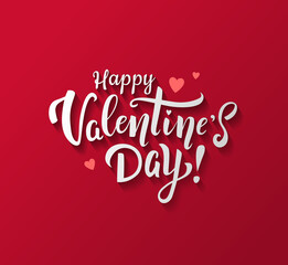 Fototapeta na wymiar Happy Valentine's Day beautiful handwritten lettering on red background with small red hearts. - Vector