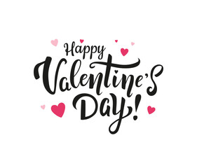 Obraz premium Happy Valentine's day! Beautiful hand drawn black lettering with pink hearts for greeting cards and print. - Vector