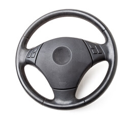 Spare part and interior element of a car steering wheel with leather trim and buttons with airbag on a white isolated background. Auto service industry. Catalog of junkyard.