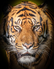 portrait of a tiger comming out of the dark