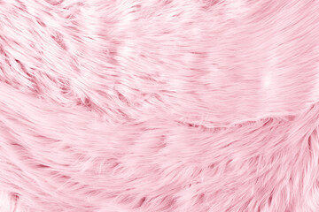 Light pink long fiber soft fur. Pink fur for background or texture. Fuzzy pink fur plaid. Shaggy blanket background. Fluffy fake textile fur. Flat lay, top view, copy space