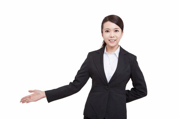 Portrait of young business woman holding arm