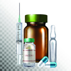 Medical set of medicines. Realistic syringe, pills, vaccine and glass ampoules.