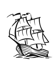 Ship with sail on waves