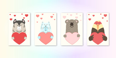 Fototapeta na wymiar Cute cartoon animal holds a heart sign with copy space. set valentine's day greeting card banner invitation flyer brochure. cartoon hand drawn style. Little animals pets in love, declaration of love