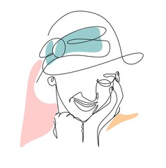 Drawing along the lines of a female image in a hat. Spa services. Hair salon for women. Fashion. Journal. cosmetic