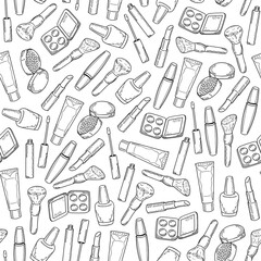 Seamless pattern of makeup items. Hand drawing. Vector illustration. cartoon style