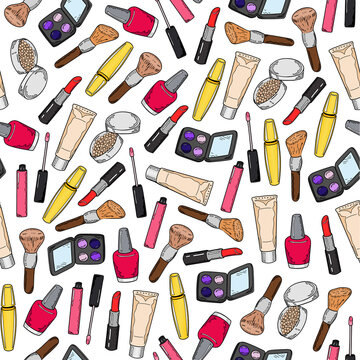 Seamless pattern of colorful makeup items. Hand drawing. Vector illustration. cartoon style.