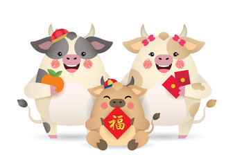 Obraz na płótnie Canvas Cute cartoon cow family holding tangerine, red packet and chinese couplet isolated on white background. 2021 chinese new year - year of the ox flat vector illustration. (translation: blessing)