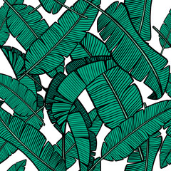 Banana tree tropical leaf seamless vector pattern. Summer background in the jungle style. For relaxation and travel.