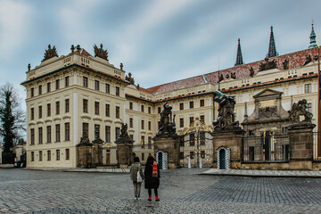 Fototapeta premium Empty city of Prague,Czech Republic. No tourists,no sightseeing during COVID 19 pandemic in January 2021.Prague Castle without people and guards.Amazing European cityscape.Alone in city