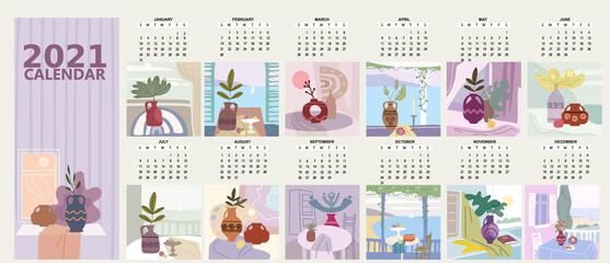 2021 Calendar grid mounthly Still life abstract contemorary minimalism. Collection Vase flora intreior abstract elements shapes
