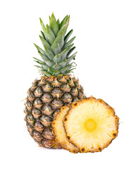 Pineapple isolated. One whole pineapple with green leaves isolated on white background with clipping path.