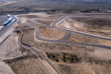 Drone Aerial view of the Circuito De Almeria Race Track in the Tabernas Desert Spain