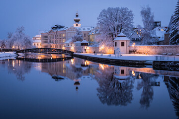 Winter evening in historical city Ceske Budejovice in the Czech Republic - obrazy, fototapety, plakaty