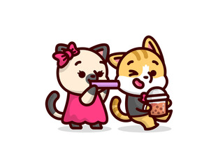 CUTE CAT COUPLE PLAYING AND BRING A BOBA DRINK. VALENTINE'S DAY ILLUSTRATION 