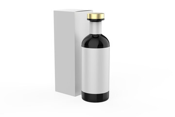 Glass Bottle Mockup with box isolated white background. 3d illustration
