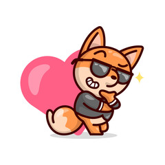 COOL FOX WEARING BLACK GLASSES AND BLACK SUIT, STANDING IN FRONT OF A RED HEART. VALENTINE'S DAY ILLUSTRATION.