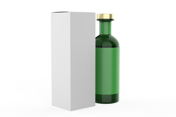 Glass Bottle Mockup with box isolated white background. 3d illustration
