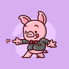 CUTE PIG WEARING BLACK SUIT AND DOING GUN SHOT POSE. VALENTINE'S DAY ILLUSTRATION.