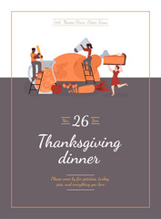 Card or poster design for Thanksgiving dinner with people preparing festive turkey, cartoon vector illustration. Invitation card template for Thanksgiving dinner.