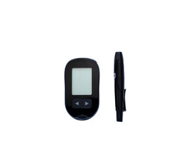 Digital glucose meter and lancelet isolated on white. Health care concept, diabetes control. 