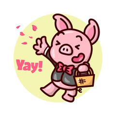 CUTE PIG WEARING BLACK SUIT JUMPING WHILE SPRINKLING FLOWER PETALS. VALENTINNE'S DAY ILLUSTRATION.