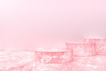 Row of pedestals made of pink and white marble ideal for displaying products. 3d render illustration.