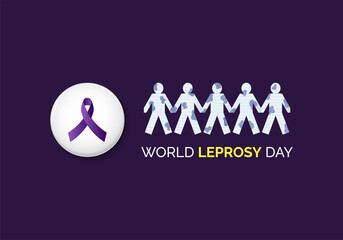 World Leprosy Day vector illustration with badges and purple awareness ribbon and paper people. Leprosy day poster on purple background.