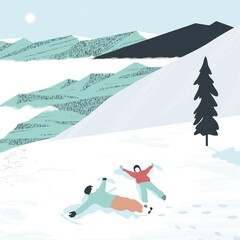 Family playing in the snow near the mountain and tree.