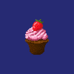 Pixel dessert. Chocolate cupcake with strawberry cream. Isolated on dark background.