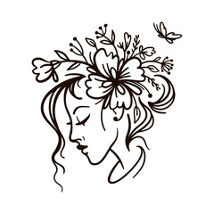 Linear sketch of portrait of a young woman with flowers in her hair. Vector illustration on white background. 