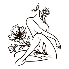 Floral woman body line art. Black outline vector illustration on white background.