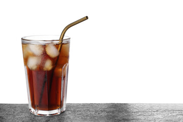 Tasty cola with ice cubes and straw on grey table against white background
