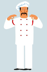 Funny Mexican chef holding chili pepper. Full-length figure. Vector graphics