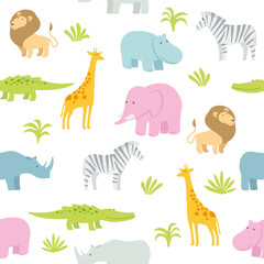 Obraz premium Childrens seamless pattern African animals. Cute lion, baby elephant, giraffe, hippo, zebra and crocodile. Funny illustration