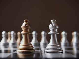 wood chess pieces on board game. brown vintage background