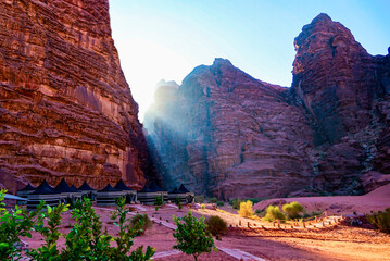 Jordan, in the Wadi Rum the spectacularly scenic desert valley. Bedouin style tents  On sunrise. 