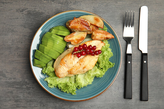 Tasty Cooked Chicken Fillet And Vegetables Served On Grey Table, Flat Lay. Healthy Meals From Air Fryer