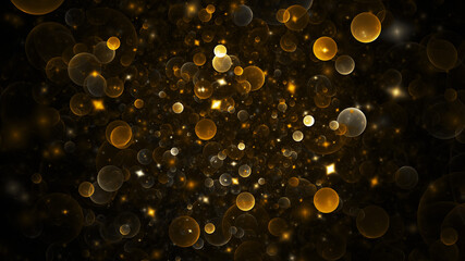 Abstract holiday background with golden stars and drops. Fantastic light effect. Digital fractal art. 3d rendering.