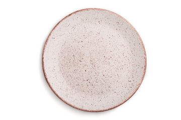 Empty pink dotted ceramic plate isolated on white background. Top view, close up.