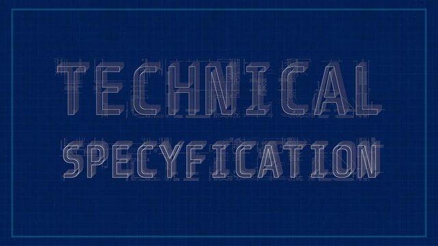 Technical specification inscription in a special font used in projects on a blue background, 3D